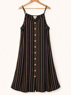 Ava & Viv 2X Linen Blend Striped A-Line Midi Dress Black Gold Boho Coastal